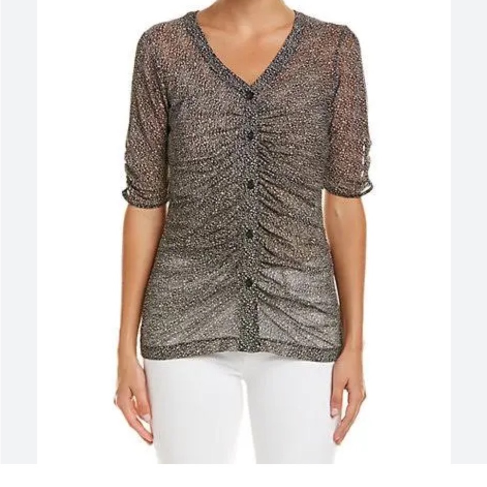 CAbi Ruched Mesh Top Large Leopard Print Sheer Stretch Button Front Y2K